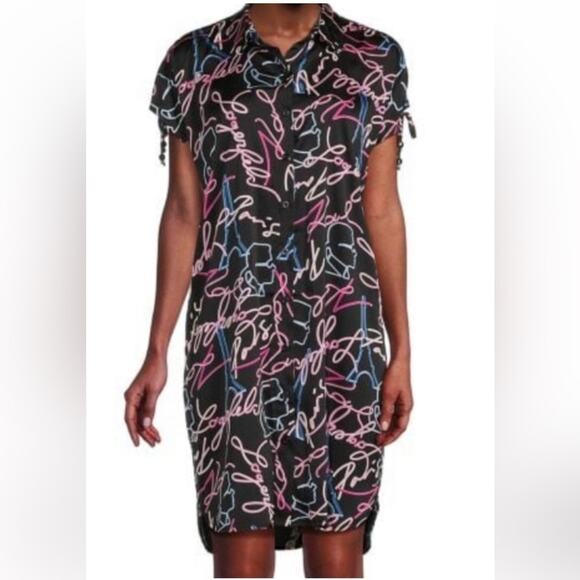 NWT Karl Lagerfeld Dressy Silky Neon Lights Button Down Shirt Dress Size 2 - Picture 1 of 9